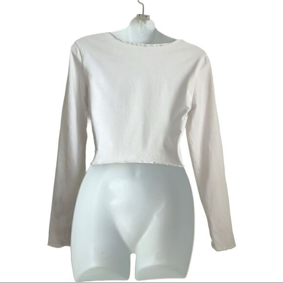 Shein Lettuce Edge Ruched Long Sleeve Baby Tee Crop Top White Large - Picture 9 of 12